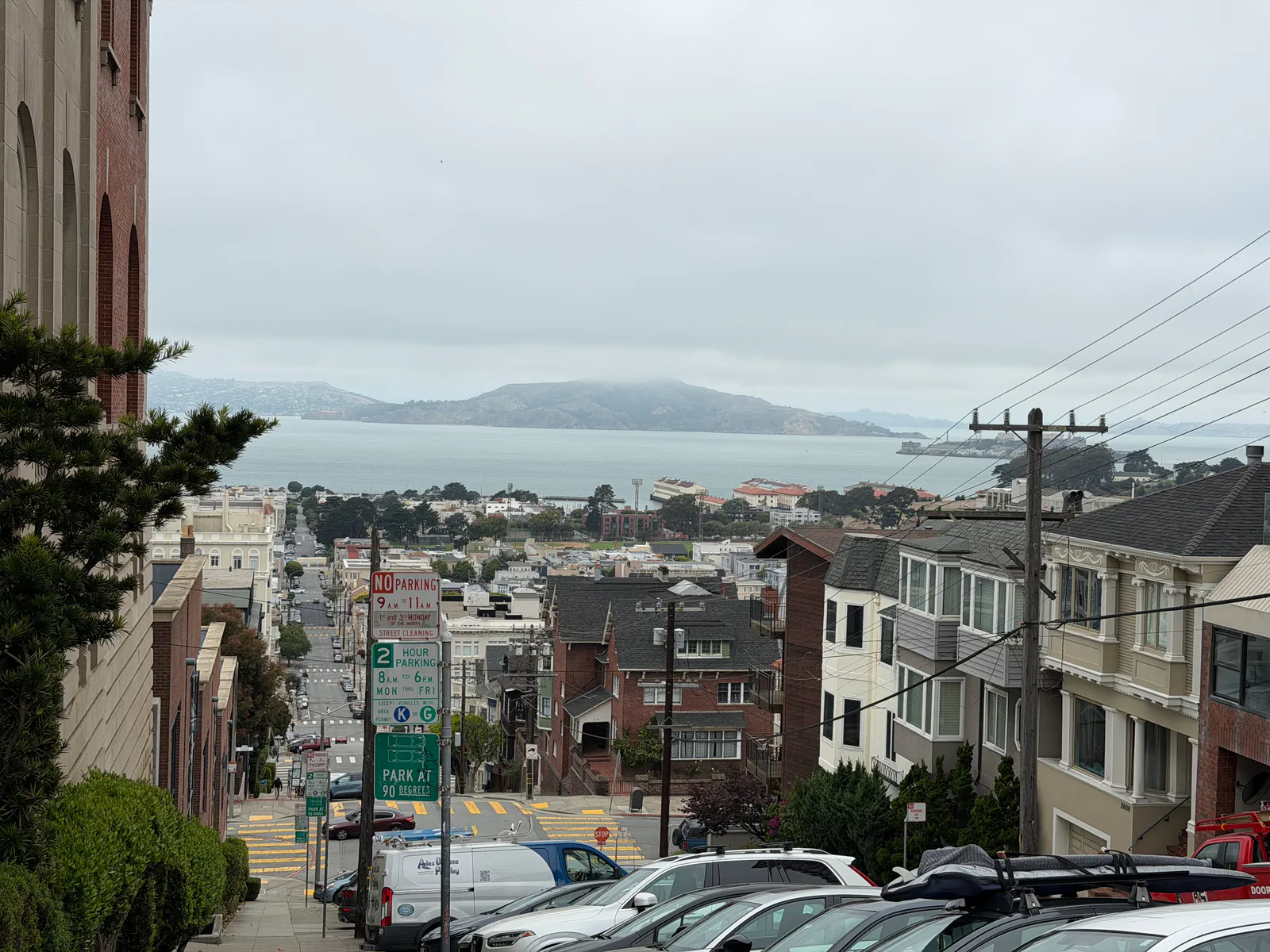 Elevated view over the Marina District toward San Francisco Bay, Angel Island, and Alcatraz Island